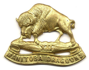 22th  Manitoba Dragoons brass other ranks cap badge as adopted by the 18th Manitoba Armoured Car Regiment. Image courtesy of Dwayne Hordij.