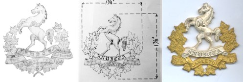 Fig 3 - Original drawing submitted by the CLI, note the gaps between the maple leaves and the horse. Design modified by HQ. The numerals, and title have been changed. An officer’s badge in gilt and silver (courtesy Chris Brooker)