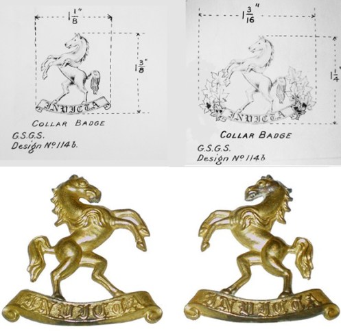 Fig 4 - Original collar badge design.  Proposed designs with the addition of maple leaves. Production badge (courtesy British Badge Forum). 