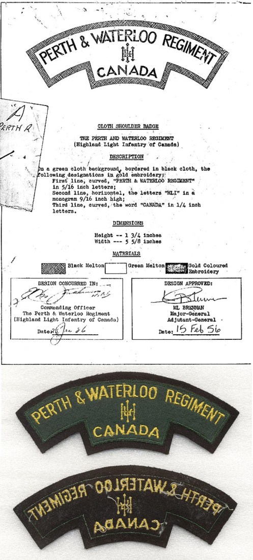 Top, Authorization of final 1957 pattern title Bottom, Short lived Perth and Waterloo Regiment flash