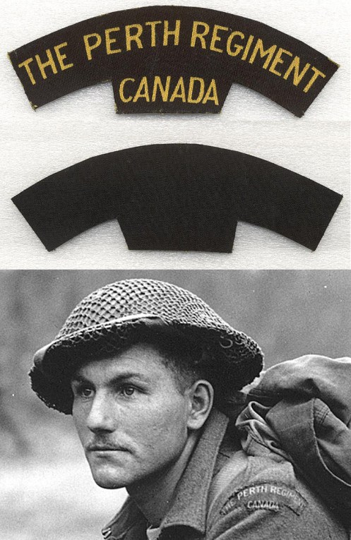 Top, Canvas shoulder title. Bottom, Pte Ken Earl wearing the printed canvas title Holland 1945 (note the absence of the divisional patch)