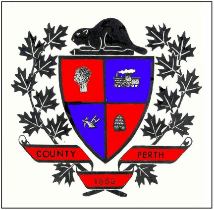 The county coat of arms consisted of a shield divided into 4 sections, each depicting a part of Perth county life. (Upper left) a sheaf of wheat representing agriculture and the main crop of the County at the time it was formed (Upper right) a train representing the progress of industry. The Grand Trunk Railway had their shops located in Stratford since 1870. (Lower left) two plows representing agriculture (Lower right) a beehive representing the industriousness of the citizens.