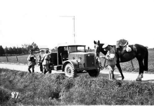The old and the new meet during a pre-war exercise. Note the jury-rigged antenna. Courtesy Royal Canadian Dragoons Museum and Archives