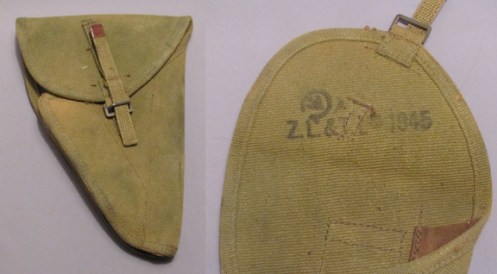 Canadian modification to the first pattern holster. All such examples are dated 1945 and feature a modified quick-release tab. Author's collection