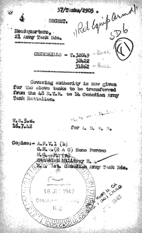 The convening authority for the transfer of T31862, T32049, and T32422, from the 48th Battalion, Royal Tank Regiment, to the Calgary Regiment (who at this time bore the designation of the 14th Canadian Army Tank Battalion (The Calgary Regiment (Tank))). Source: Authors’ collection.