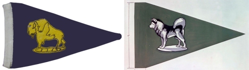 Left, Pennat flown by Brig Kay, GOC 19 Mil Group 1954 to 1958. Right, Authorized vehicle pennant for the GOC, Alaska Highway System.