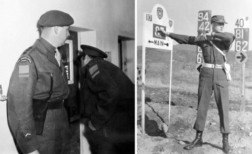 Left, An Officer of the Royal Winnipeg Rifles wearing a blackened second pattern holster in keeping with Rifles' tradition, ca. 1945.  Right, an immaculately turned out 'Provost' directing traffic in South Korea, 1952.