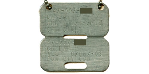 CF pattern disc issued to Canadian government employees deployed to Afghanistan. The top line exhibits the persons Public Service paylist number and the last line reads "CDN CIV CDN". Author's collection