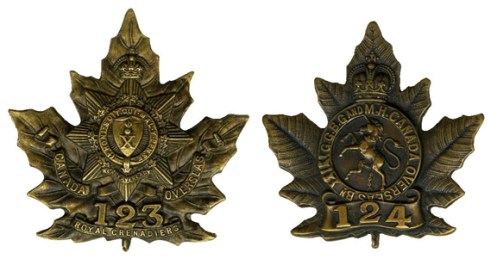 Badges of the 123rd and 124th Batalions which were converted to Pioneer battalions. Courtesy http://www.britishbadgeforum.com