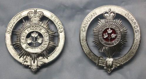 Although the first pattern badge (left) was that approved by the Queen, the second pattern (right) was more in keeping with the actual regimental badge. Courtesy Bruce Graham