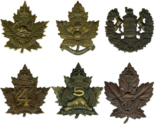 Badges of the 1st to 6th Pioneer Battalions, CEF. Courtesy http://www.britishbadgeforum.com/