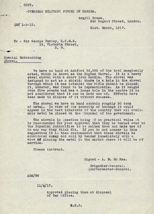 Correspondence on the ultimate disposal of the shovels. Library and Archives Canada e000000301