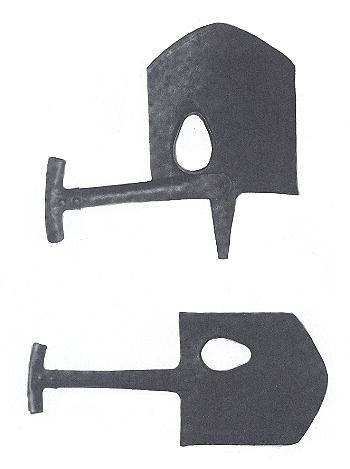 Top, The MacAdam shovel with the short handle pivoted for carry. The spike was meant to support the shield but this proved impractical and the hole was found to be too low to permit accurate sighting. Bottom, With the handle in battery for digging.