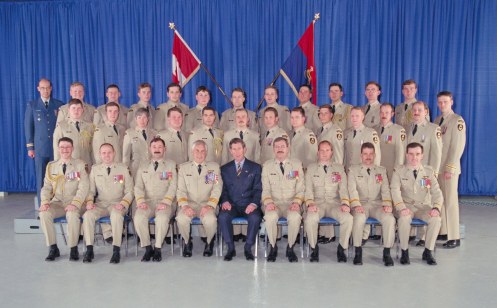 Officers of the Royal Canadian Dragoons, circa 1997, shown wearing the 2CMBG formation badge on the left sleeve in order to ensure that the bear was facing forward. This practice was tolerated for only a couple of years by NDHQ. DND photo SUC97-87, courtesy Bruce Graham