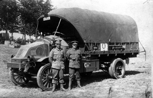 This Kelly Springfield shows a trefoil signifying that it is from a Supply Column. The sign is carried on the cab roof as well as on the side. The "Canada" is unofficial while the meaning of the "Roads" plate is unknown.