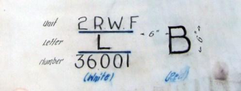 Jolley's drawing of a British marking for the 2nd Battalion, Royal Welsh Fusiliers. The "L" denotes Lorry and the number denotes that this is the 1st vehicle purchased in 1936. MilArt photo archives
