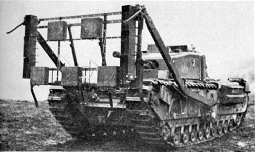 A front view a Churchill Mark III tank, named ANGELA, of No. 2 Troop, “A” Squadron, The  Calgary Regiment, at Whitley, Surrey, fitted with the “Onion” explosive device. Note the pair of hinged legs at the bottom and two fixed outward-facing legs at the top. Also, of  note, is the placement of the high explosive charges on the sides and face of the framework. Source: authors’ collection. 