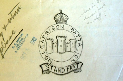 Initial drawing for the 1st battalion badge. A pencil notation asked “where is the Union Jack on staff?” Although Lt-Col Carmichael commands the ‘1st’ Garrison Battalion he has incorrectly used the naming convention ‘No.1’.