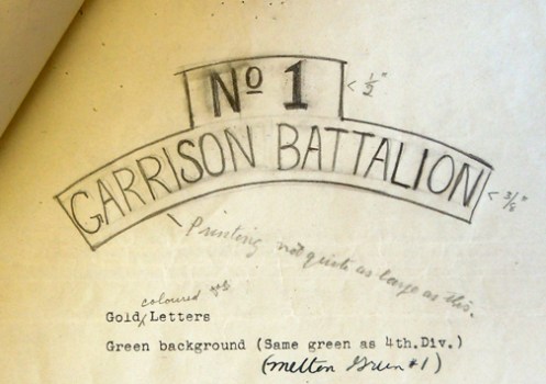 First drawing of the cloth shoulder title. The material was identified as Melton No.1 with gold coloured embroidery. Note that the size of “No.1” was larger than “Garrison Battalion”.