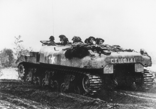 A ‘Ram’ Kangaroo of 1st Canadian Armoured Personnel Carrier Squadron, in support of 12th British Corps operations, in Holland, during mid to late October 1944. CT160141, was one of the initial issue of ‘Ram’ Kangaroo armoured personnel carriers to the squadron, having been received from “F” Squadron, 25th Canadian Armoured Delivery Regiment (The Elgin Regiment), on 2 October 1944. Courtesy of Bovington Tank Museum (BTM 2293)