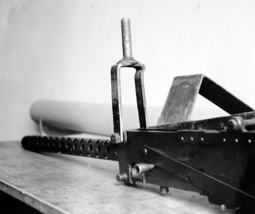 An example of the simple .30-calibre Browning machine gun pintle mounting device, which Captains Duncan and Rook had designed. This fit into any of the bolt holes left by the removal of the turret ring during conversion to an armoured personnel carrier, enabling the mounting of a secondary .30-calibre Browning machine gun. MilArt photo archives