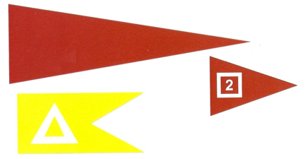 Artistic illustrations of: top - a Brigade Commander’s pennant, right - Troop Leader’s pennant, No. 2 Troop, “B” Squadron, of the senior armoured regiment, and left - Officer Commanding “A” Squadron’s pennant, of the intermediate armoured regiment. Source: MilArt photo archives