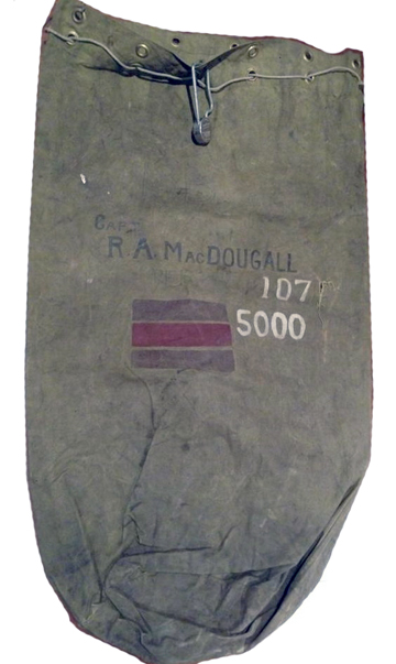 The number ‘107,’ in white, identifies the kit bag owner as a member of The Perth Regiment. Source: Courtesy of Bill Donaldson