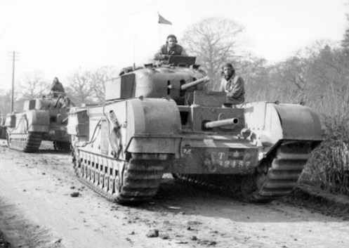Two reworked Churchill Mark Is of the Three Rivers Regiment on exercise somewhere in England. Source: MilArt photo archives.