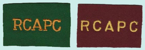 R.C.A.P.C. embroidered patches for 4 Canadian Armoured Division and 5 Canadian Armoured Division. Author’s collection.